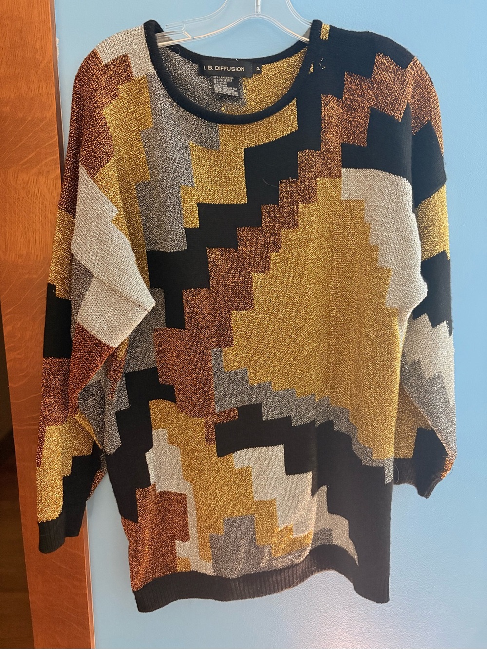 IB Diffusion Metallic Geometric Knit Sweater Black Gold Copper Large